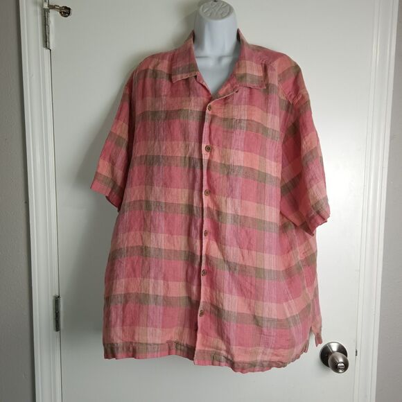 Tommy‎ Bahama Shirt 100% Linen Camp Hawaiian Summer Red Plaid Men Sz XL - Picture 1 of 12